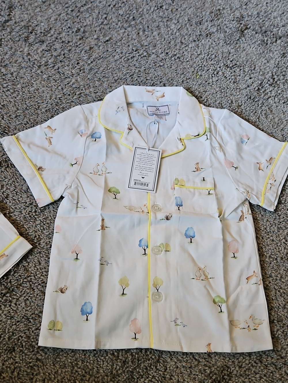 Kids Short-Sleeve Pajama Set with Pastel Tree & Animal Print - Yellow Trim
